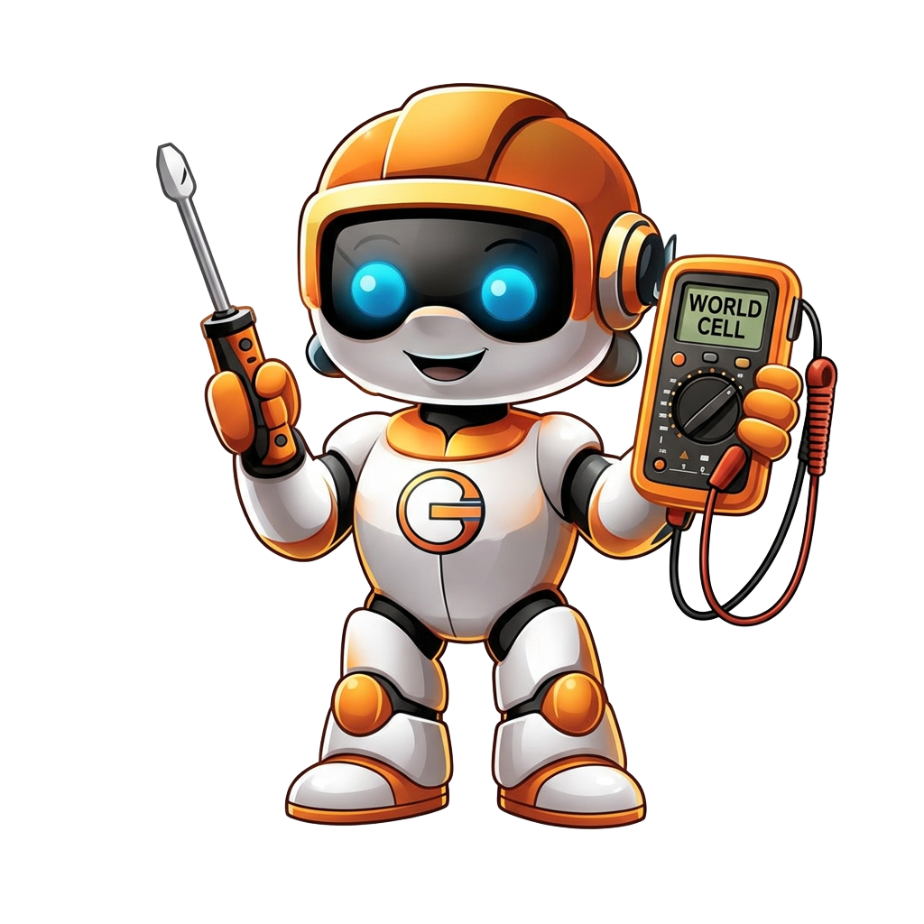Mascote robô da World Cell com capacete laranja e viseira preta
